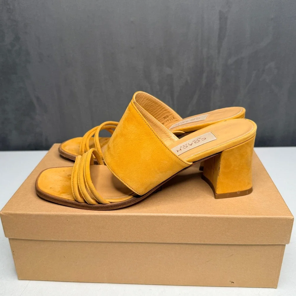 Coach Francesca Mules Women 7.5B Marigold Yellow Suede Block Heel Made in Italy